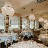 Glasgow Wedding Venue Setup with Chandeliers and Round Tables with White Linen 